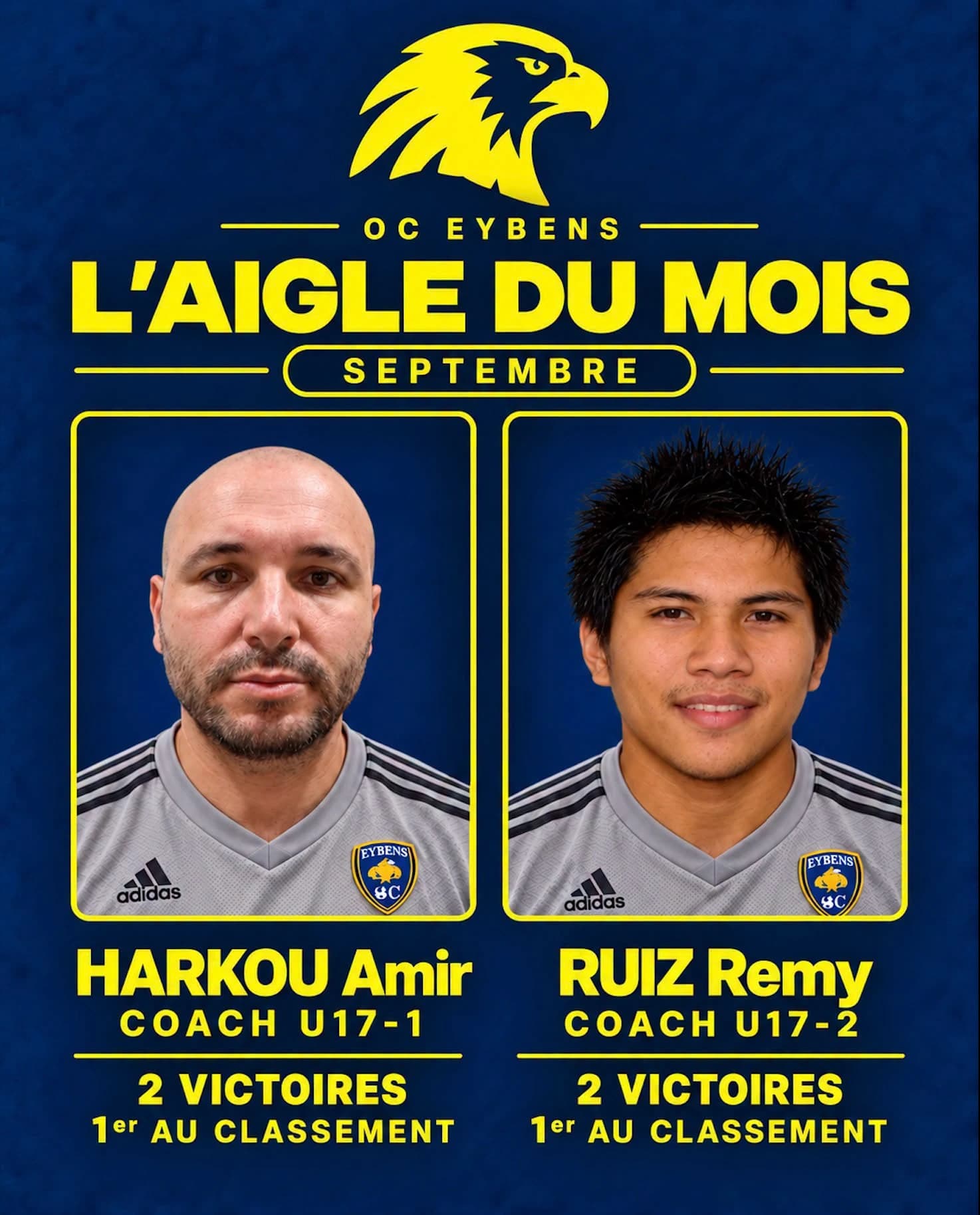 L'Aigle du mois de septembre : Amir Harkou, coach U17-1, et Remy Ruiz, coach U17-2, deux victoires chacun et leurs équipes premières au classement.
